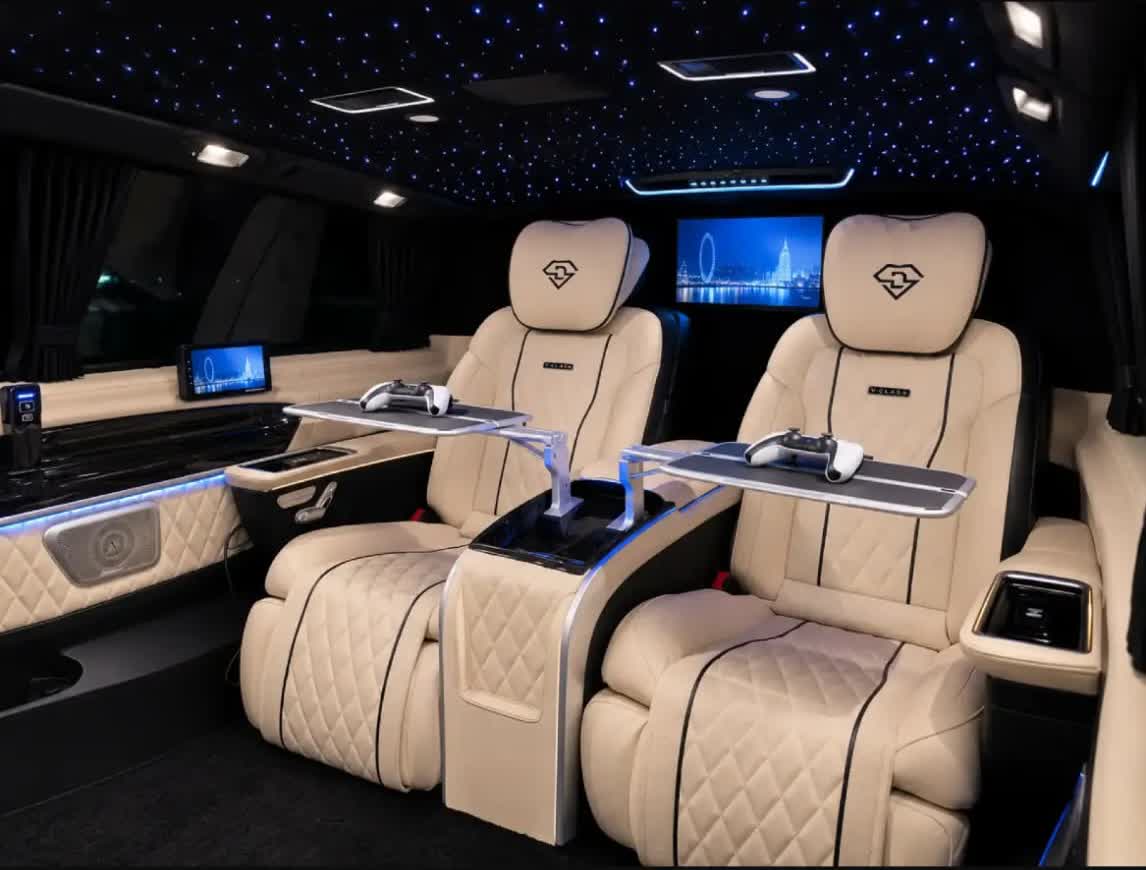 A close look at the V-Class cream leather recliners and cabin