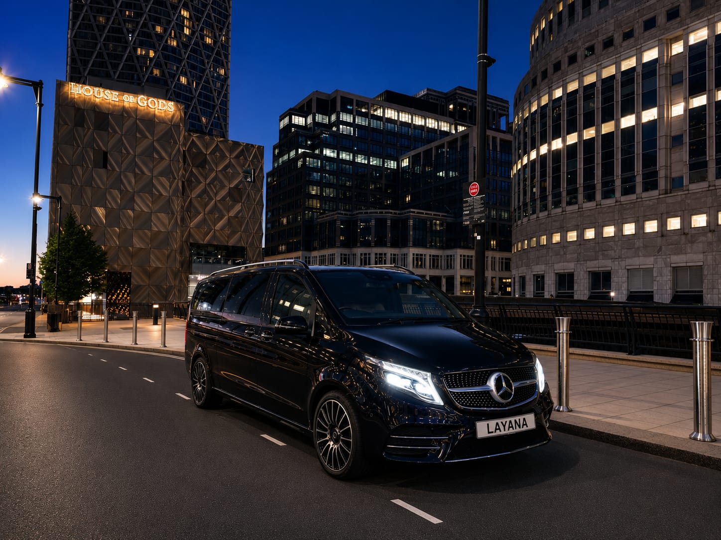 Layana Mercedes V-Class outside an illuminated hotel at night